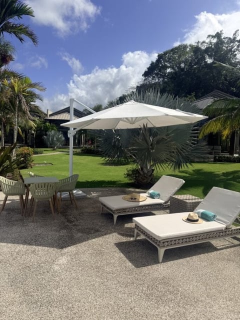Modern backyard patio with shade sail, lounge chairs, and palm trees surrounding a contemporary home with manicured lawn