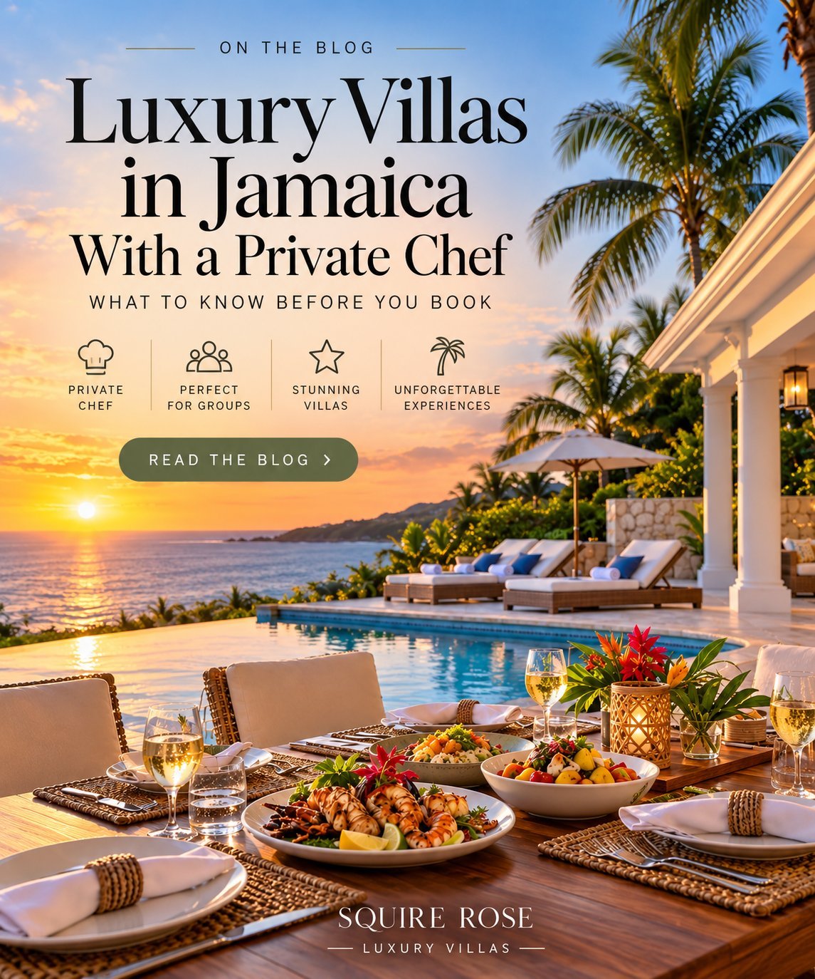 Villa terrace and swimming pool overlooking the Caribbean Sea at sunset in Jamaica