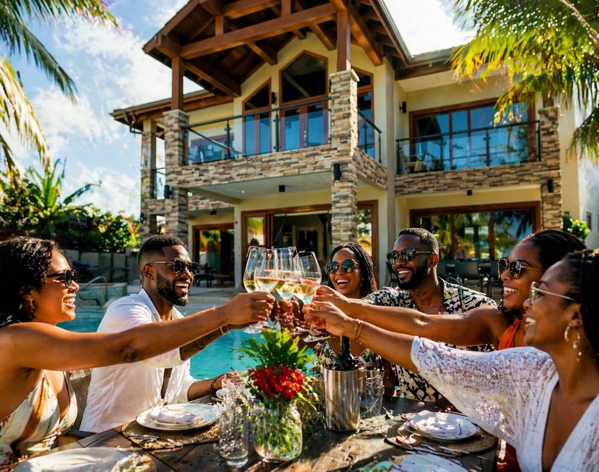 Group of six people toasting with wine glasses at an outdoor dining table by a luxury pool house with tropical architecture