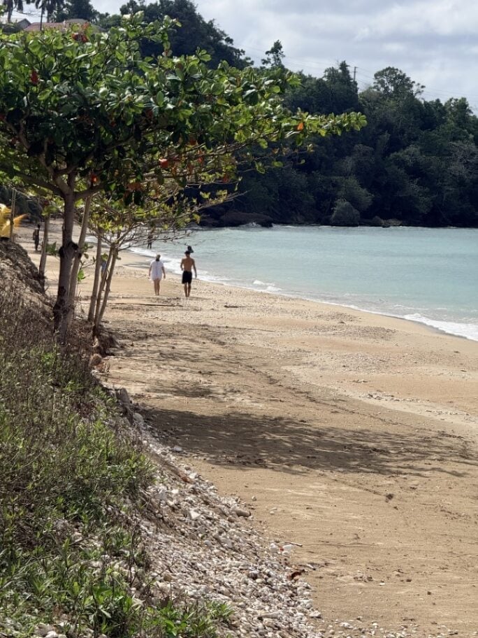 Sandy tropical beach with turquoise water, two people wading, tree-lined shore, and lush green hillside in background