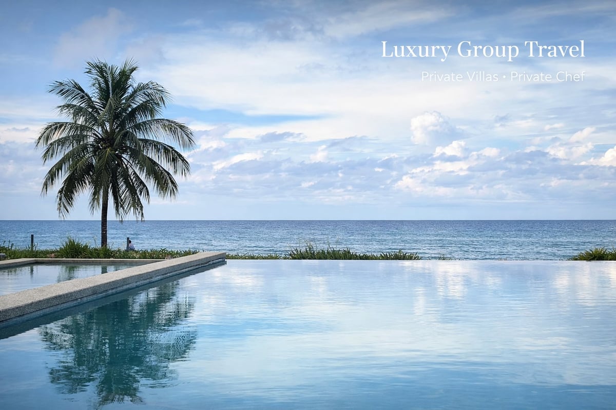 Luxury infinity pool overlooking the ocean with palm tree and cloudy sky