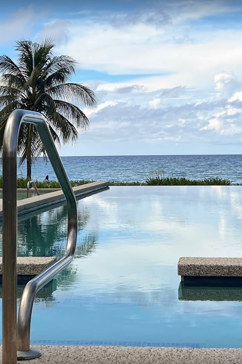 Infinity pool overlooking ocean with palm tree and metal railings, reflecting cloudy sky and sea horizon